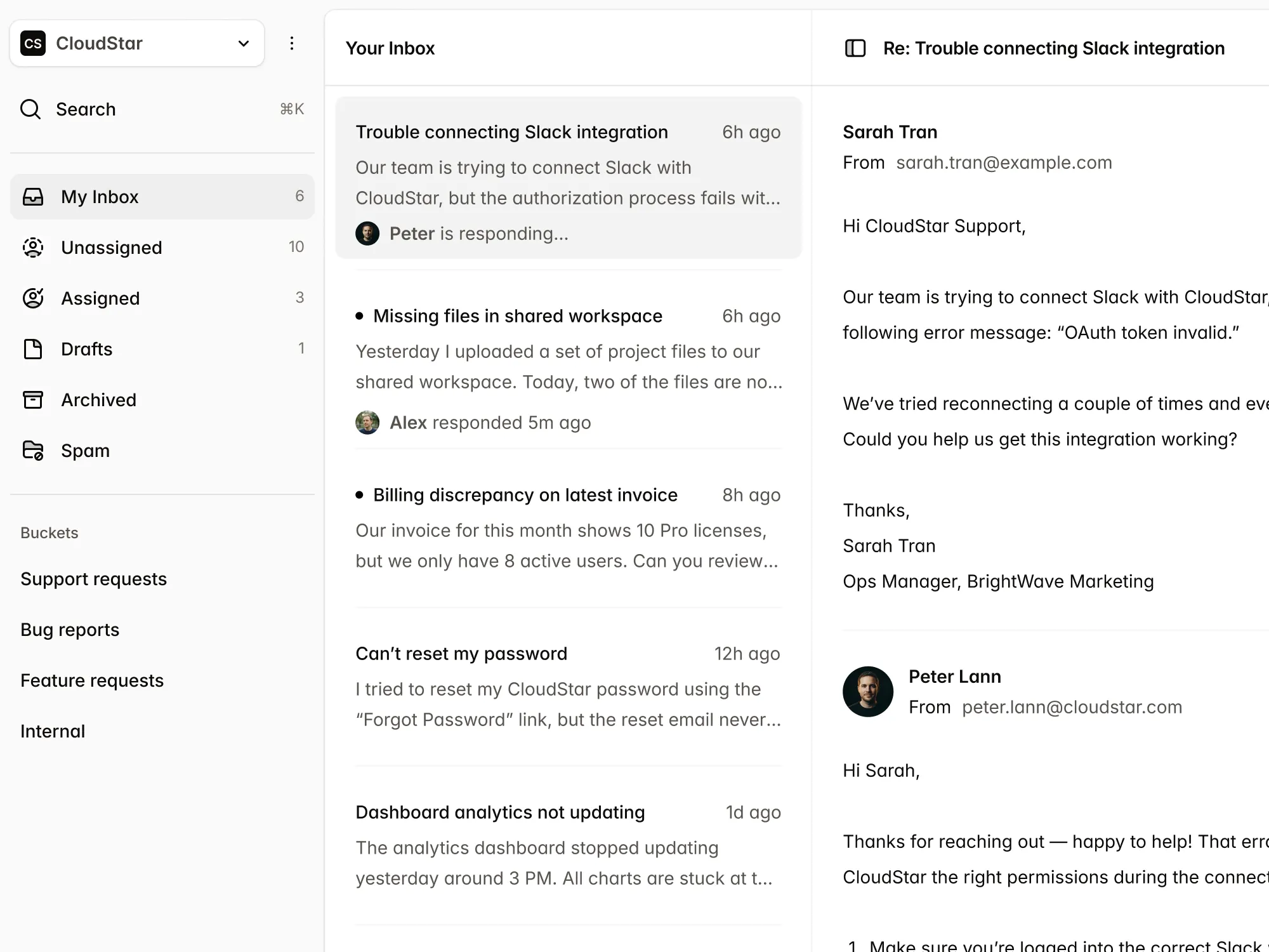 The Rallied interface with sidebar, inbox, and conversation view
